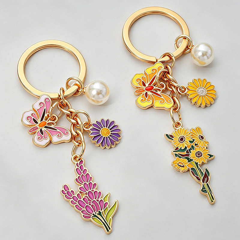 Floral Butterfly Pearl Enamel Keychain