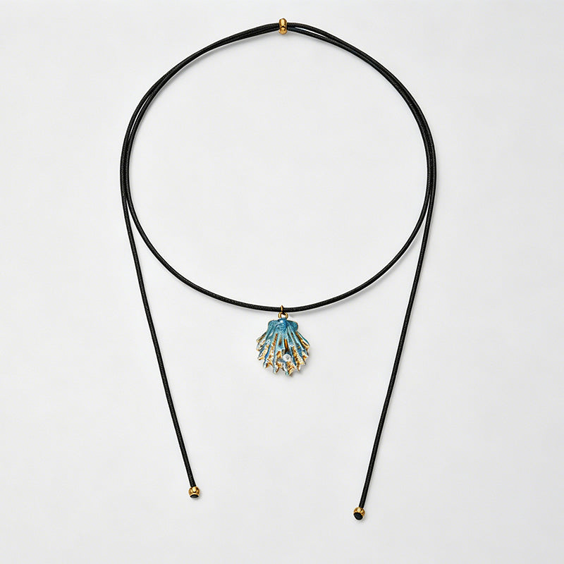 Ocean Shell Enamel Pendant Wax Cord Adjustable Necklace