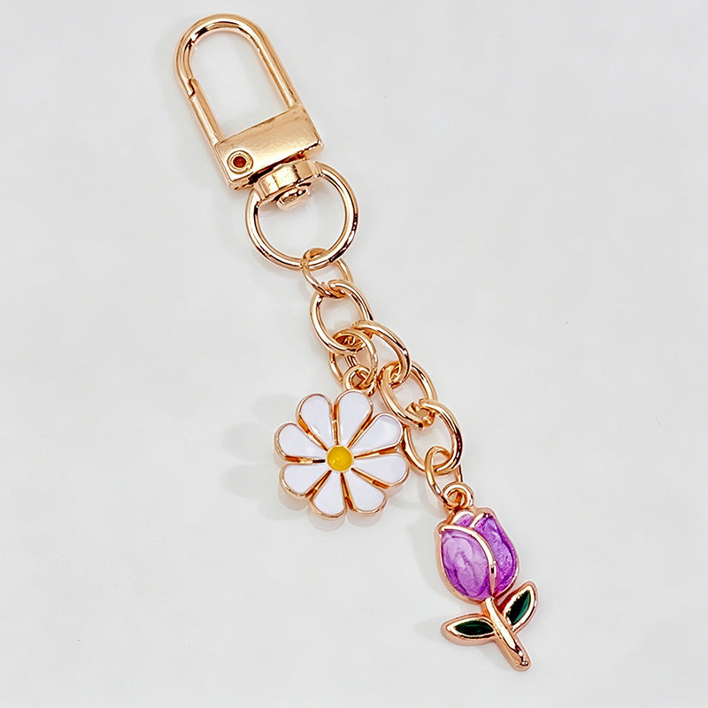 Enamel Daisy & Tulip Floral Keychain