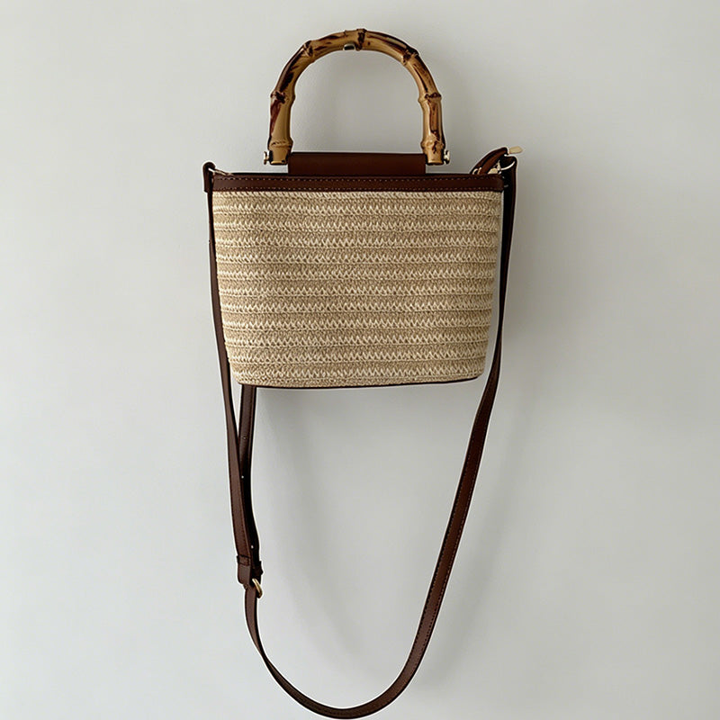 Bamboo Handle Woven Bucket Bag