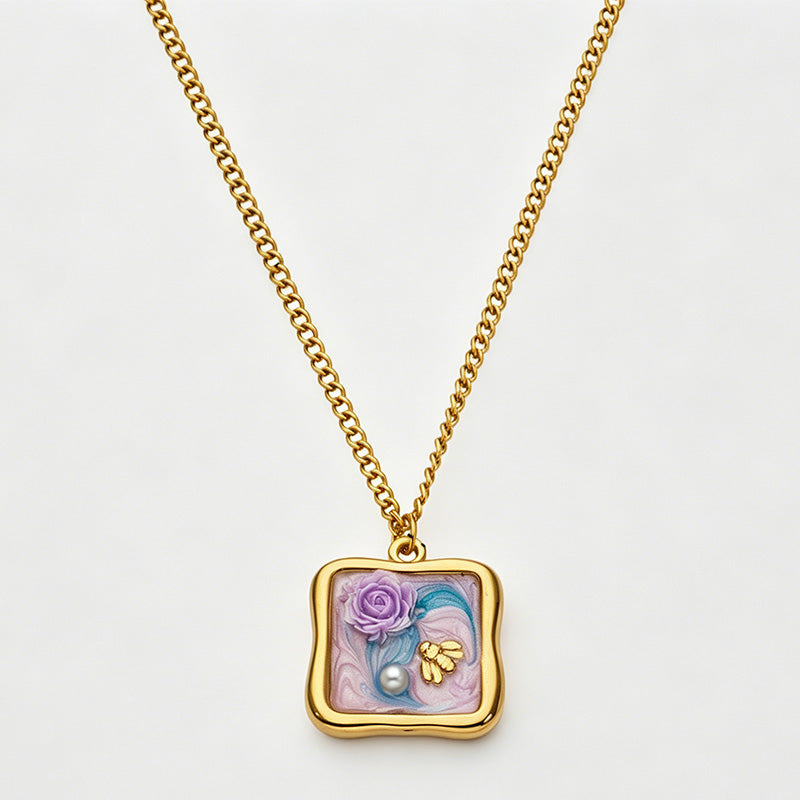 Vintage Oil Painting Enamel Floral Pendant Stainless Steel Necklace