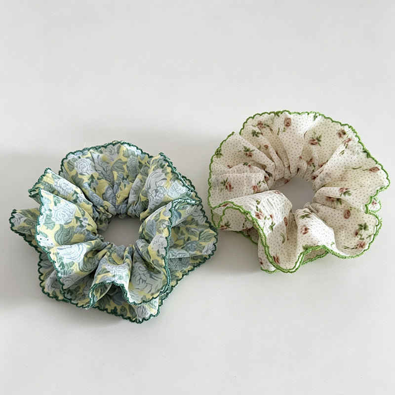 Fresh Green Floral Double Scrunchie