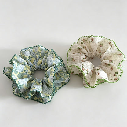 Fresh Green Floral Double Scrunchie