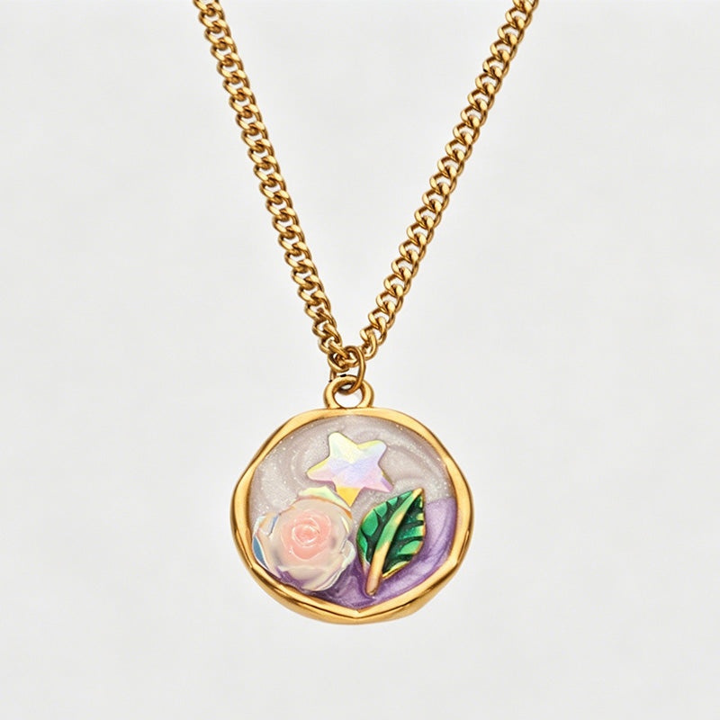 Vintage Enamel Rose Pearl Pendant Necklace