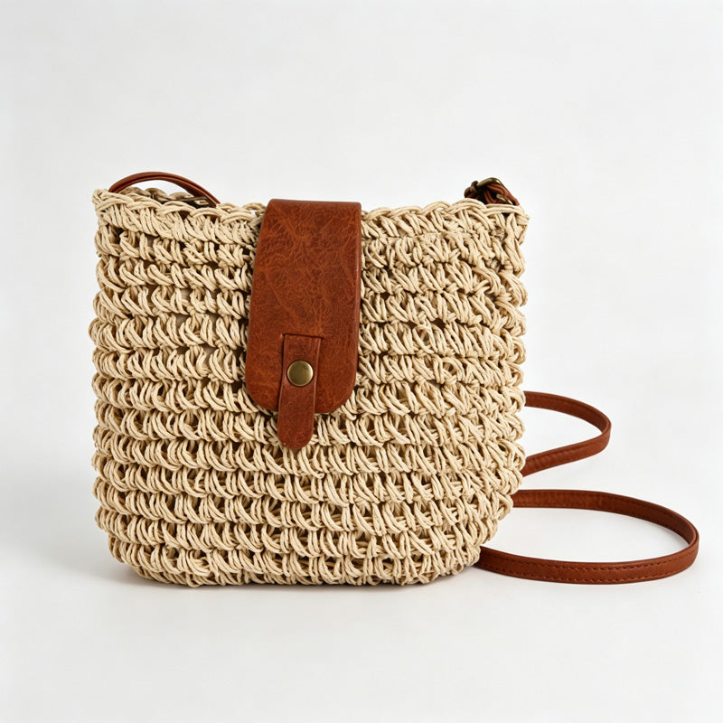Woven Straw Crossbody Shoulder Bucket Bag