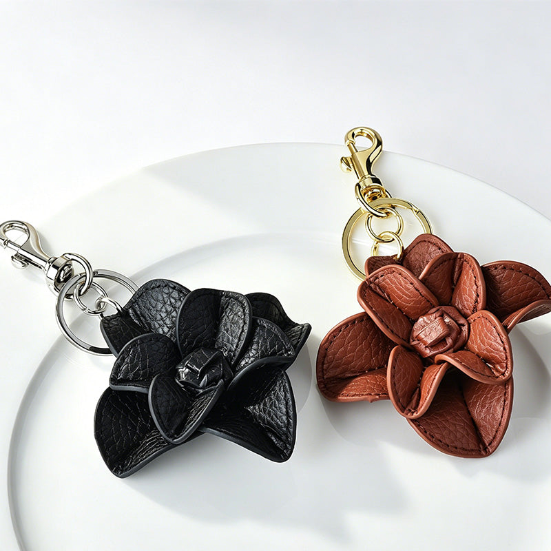 Vintage Faux Leather Camellia Flower Keychain