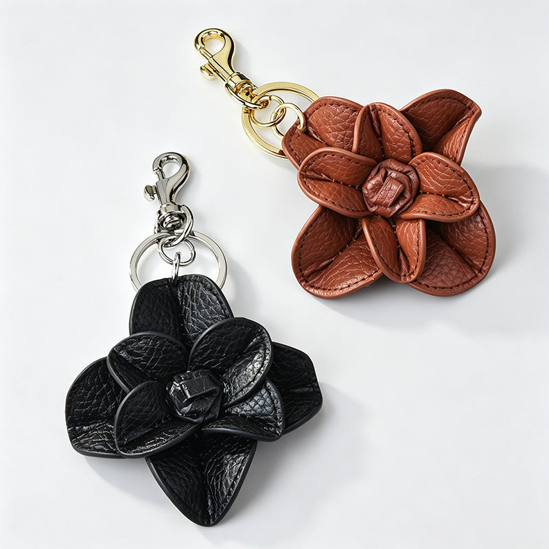 Vintage Faux Leather Camellia Flower Keychain