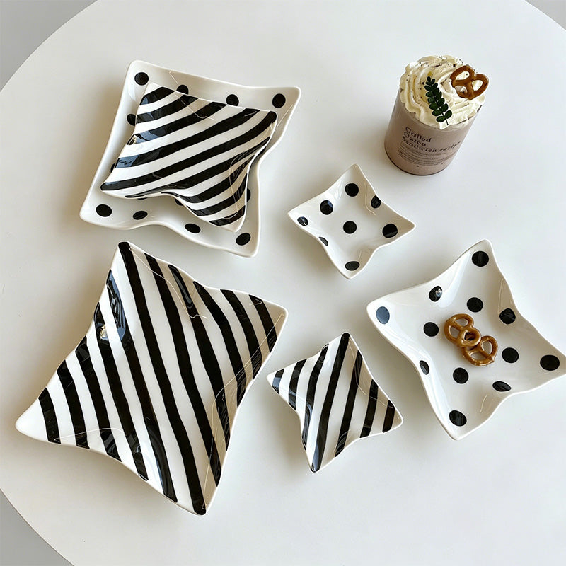 Irregular Wave Ceramic Plate with Polka Stripes
