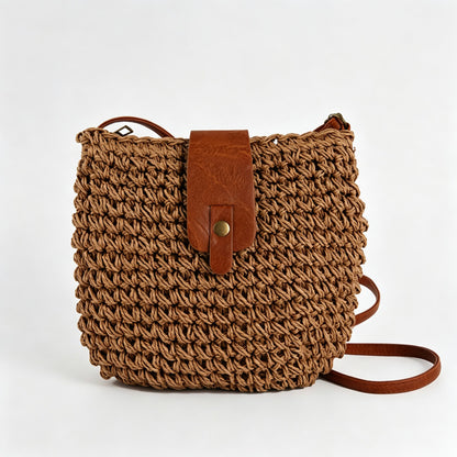 Woven Straw Crossbody Shoulder Bucket Bag