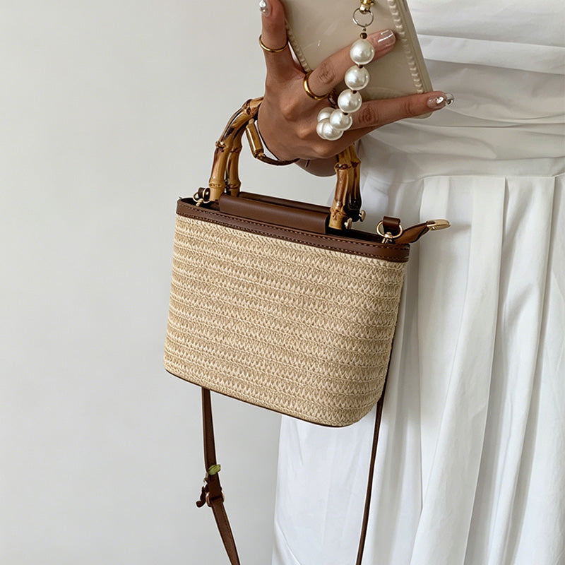 Bamboo Handle Woven Bucket Bag