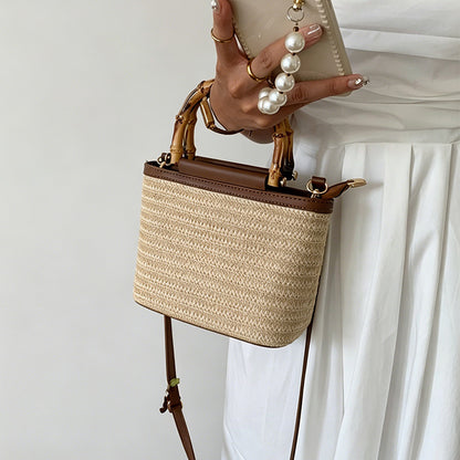 Bamboo Handle Woven Bucket Bag