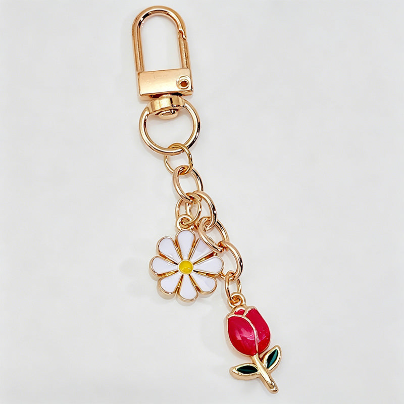Enamel Daisy & Tulip Floral Keychain
