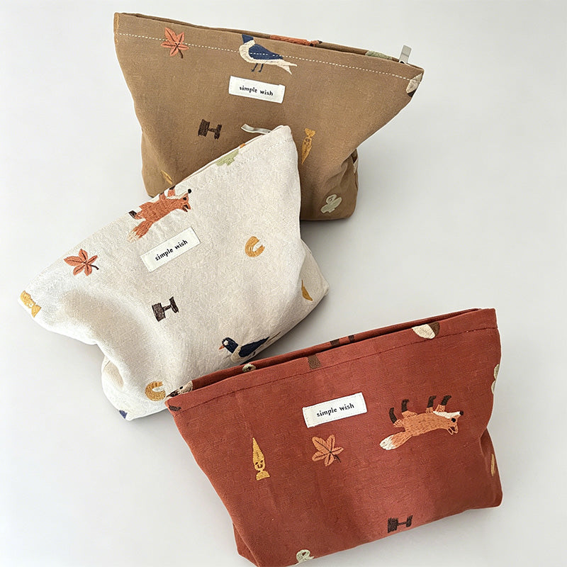 Artistic Animal Embroidery Canvas Storage Pouch