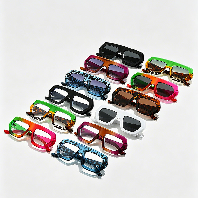 Irregular Multi-Color Patchwork Hexagonal Thick Frame Sunglasses