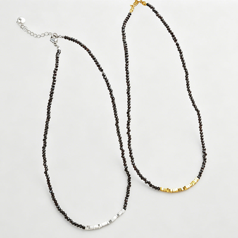 Broken Silver Black Crystal Beaded Stitching Necklace
