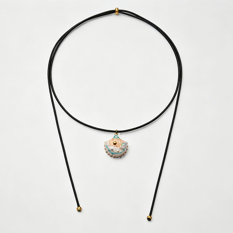 Ocean Shell Enamel Pendant Wax Cord Adjustable Necklace