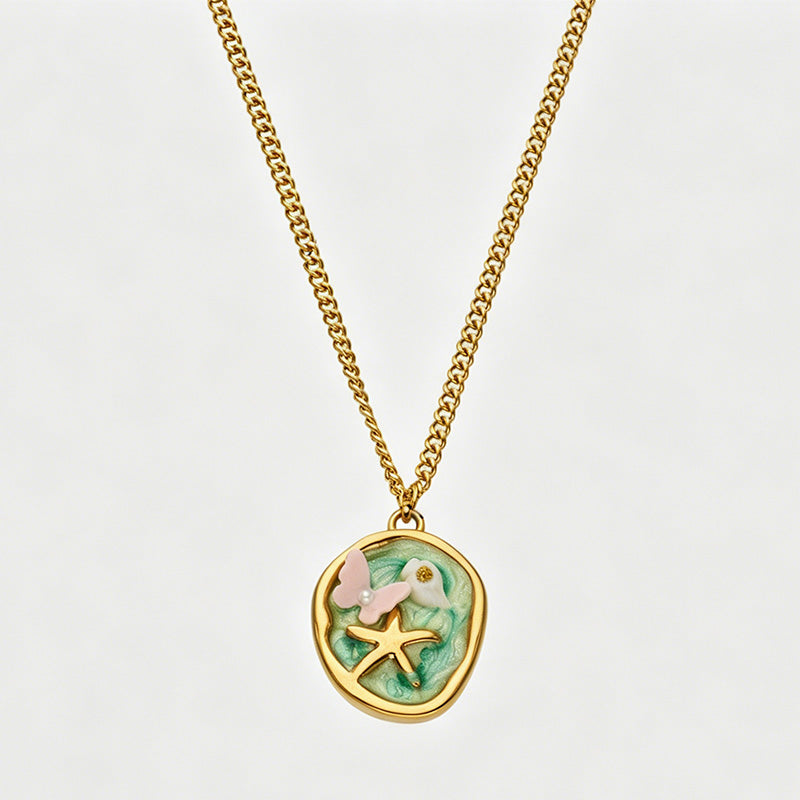 Vintage Oil Painting Enamel Floral Pendant Stainless Steel Necklace