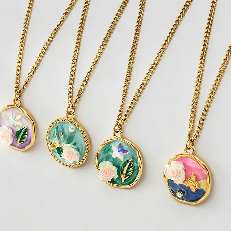 Vintage Enamel Rose Pearl Pendant Necklace