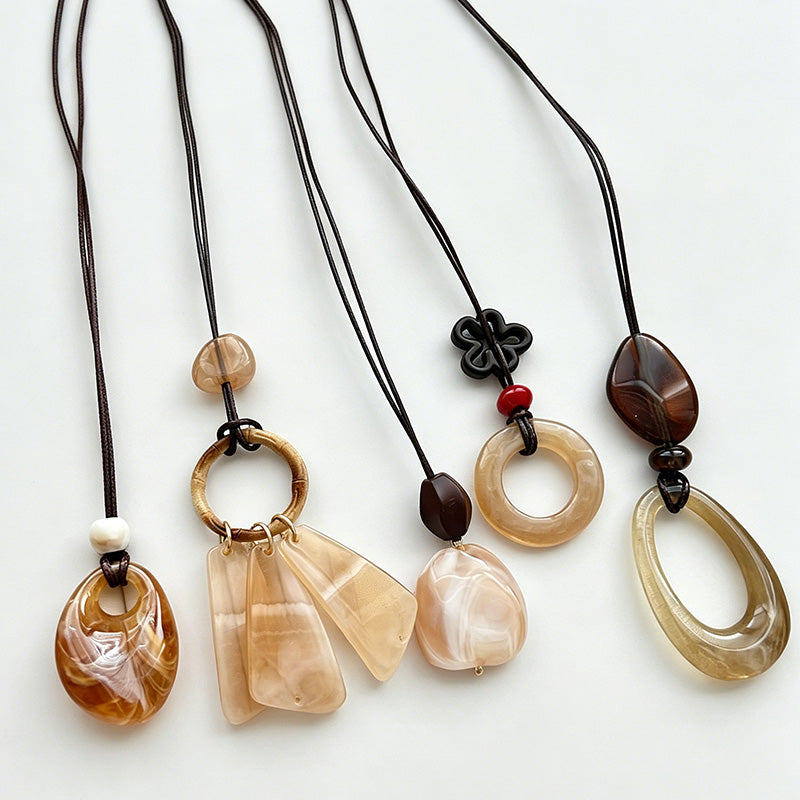 Retro Geometric Square Wood Pendant Cord Long Necklace
