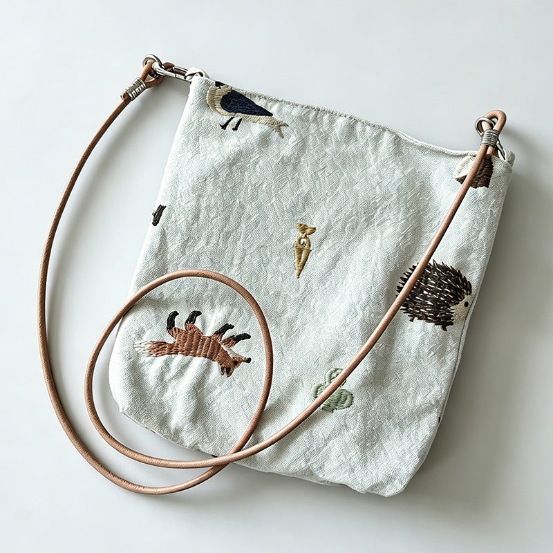 Artistic Animal Embroidery Canvas Crossbody Bag
