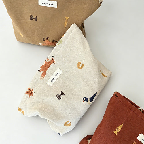 Artistic Animal Embroidery Canvas Storage Pouch