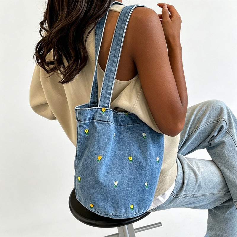 Denim Embroidered Tote Bag