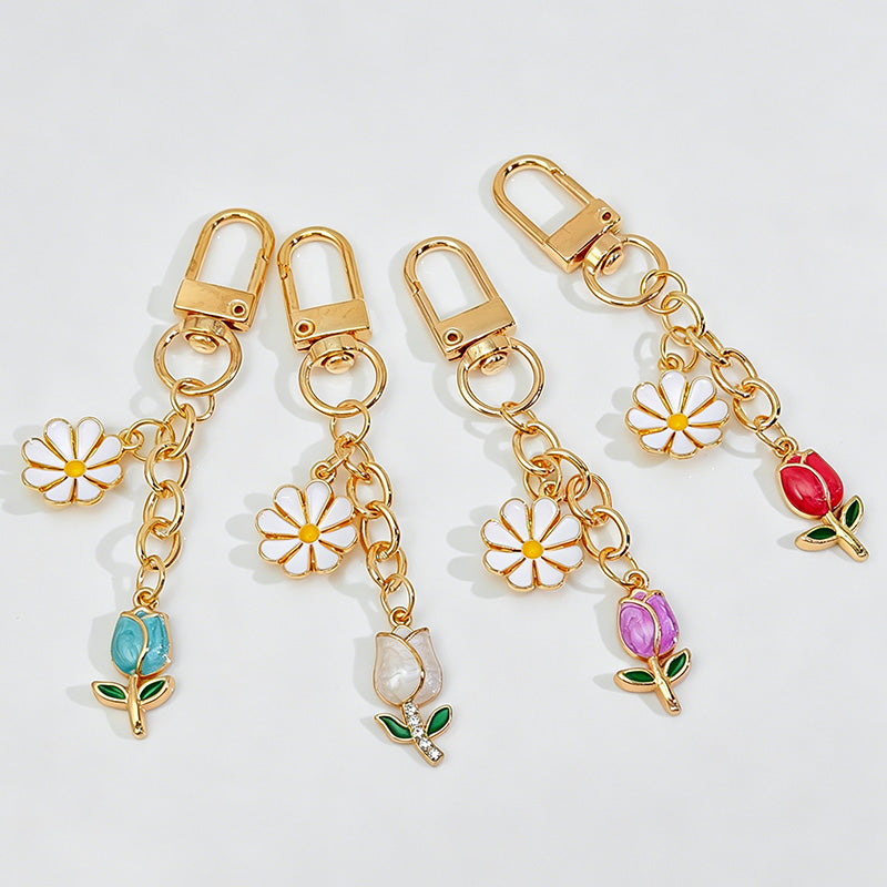 Enamel Daisy & Tulip Floral Keychain