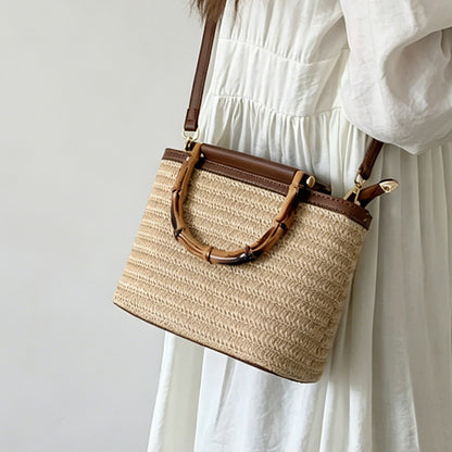 Bamboo Handle Woven Bucket Bag