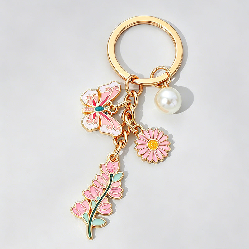 Floral Butterfly Pearl Enamel Keychain