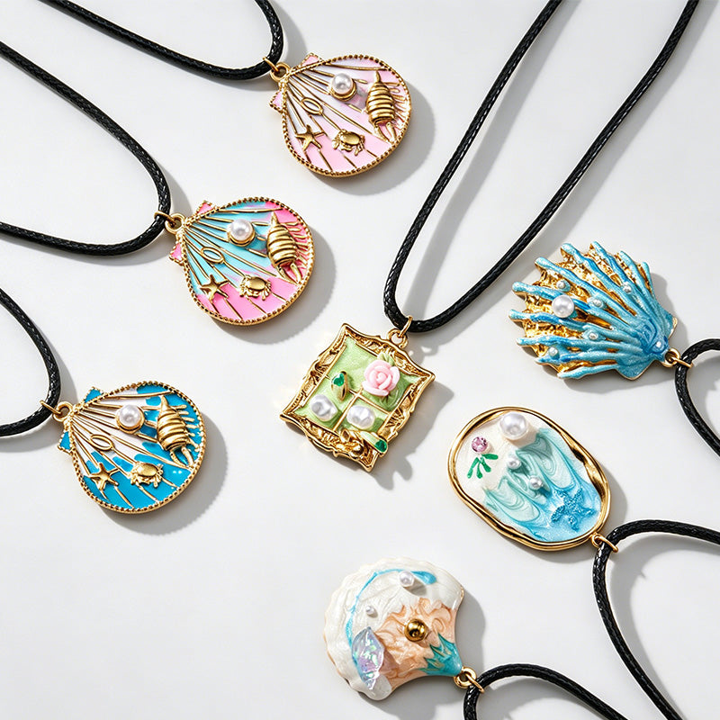 Ocean Shell Enamel Pendant Wax Cord Adjustable Necklace