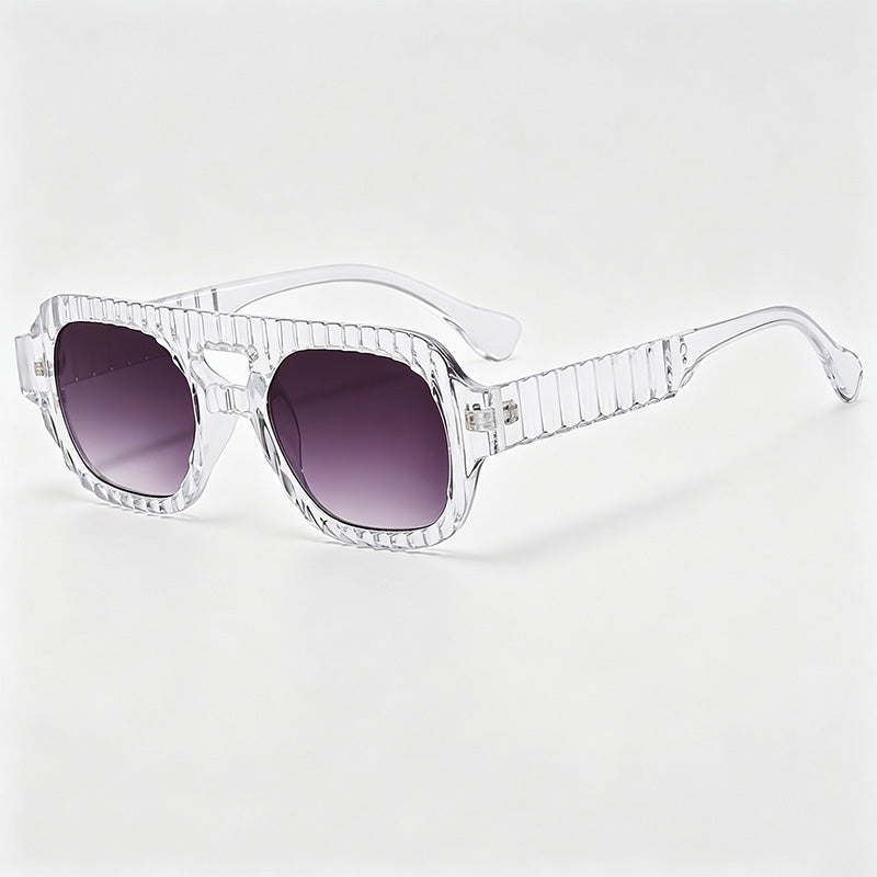 Vertical Rib Textured Double Bridge Square Aviator Sunglasses