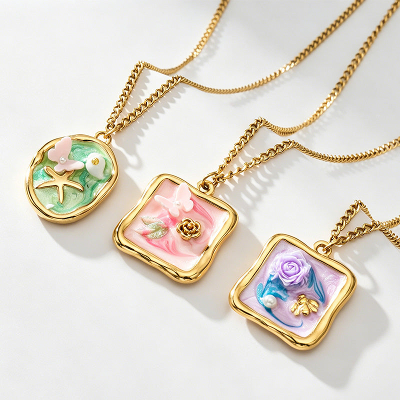 Vintage Oil Painting Enamel Floral Pendant Stainless Steel Necklace
