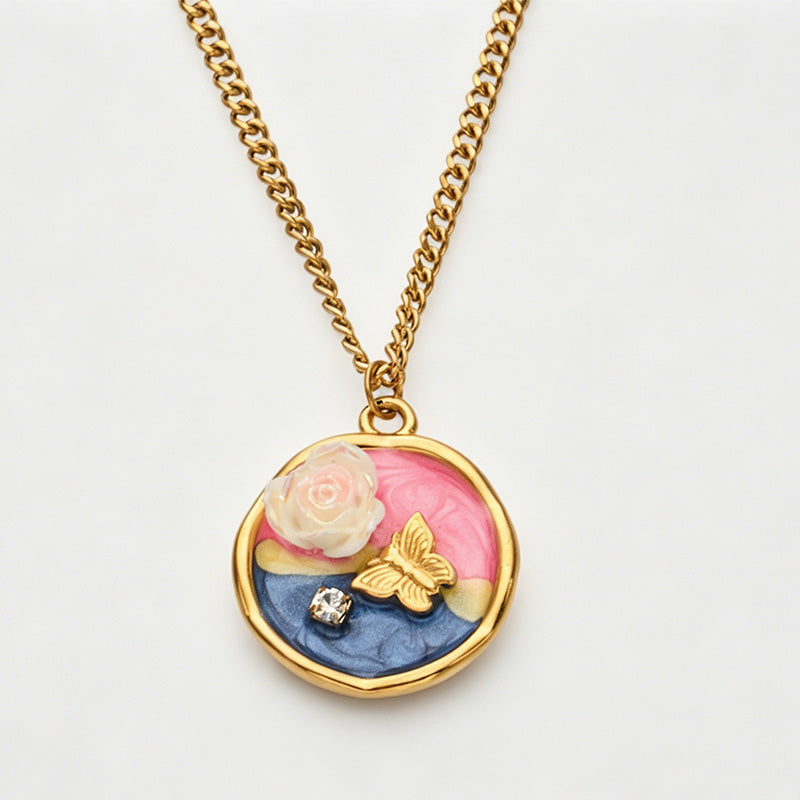 Vintage Enamel Rose Pearl Pendant Necklace