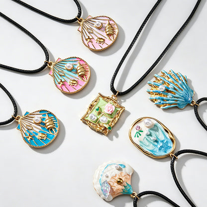 Ocean Shell Enamel Pendant Wax Cord Adjustable Necklace