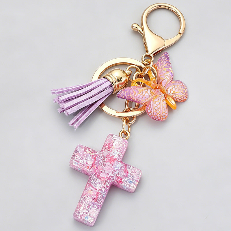 Resin Cross Butterfly Tassel Keychain