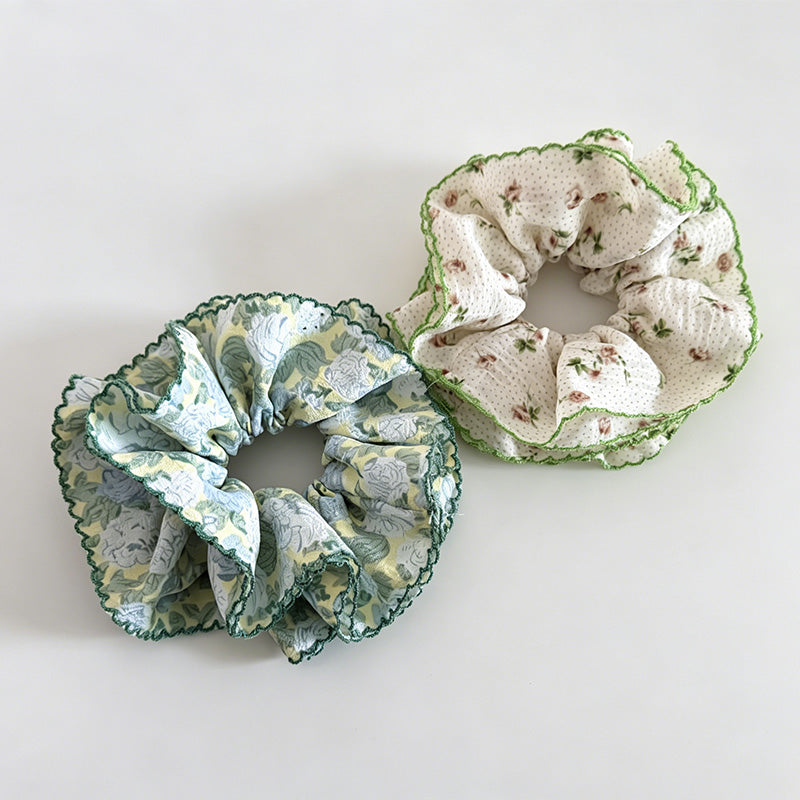Fresh Green Floral Double Scrunchie