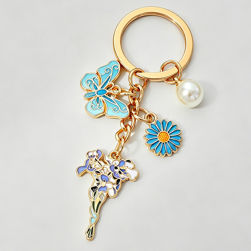 Floral Butterfly Pearl Enamel Keychain