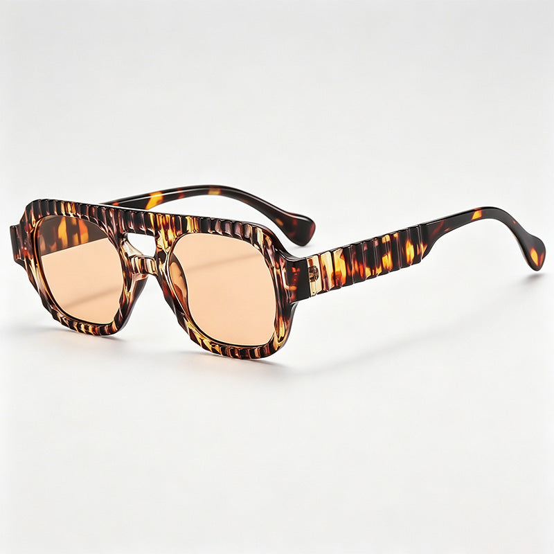 Vertical Rib Textured Double Bridge Square Aviator Sunglasses