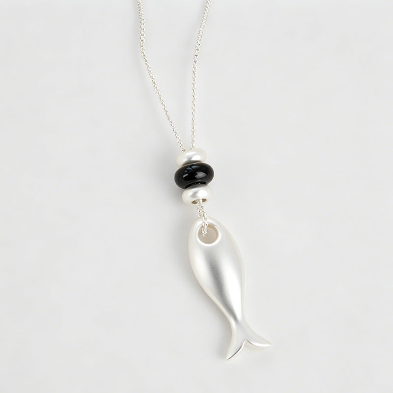Natural Stone Fish Beaded Titanium Steel Necklace