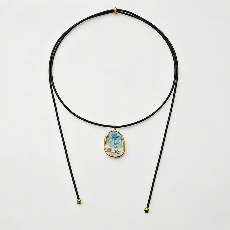 Ocean Shell Enamel Pendant Wax Cord Adjustable Necklace