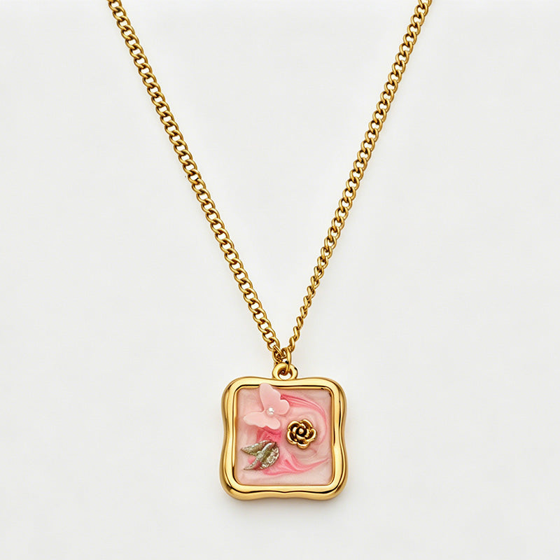 Vintage Oil Painting Enamel Floral Pendant Stainless Steel Necklace