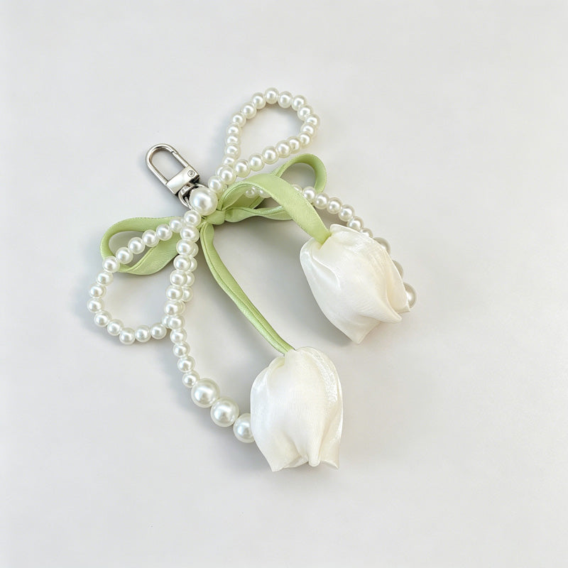 Tulip Flower Bow Pearl Bead Keychain
