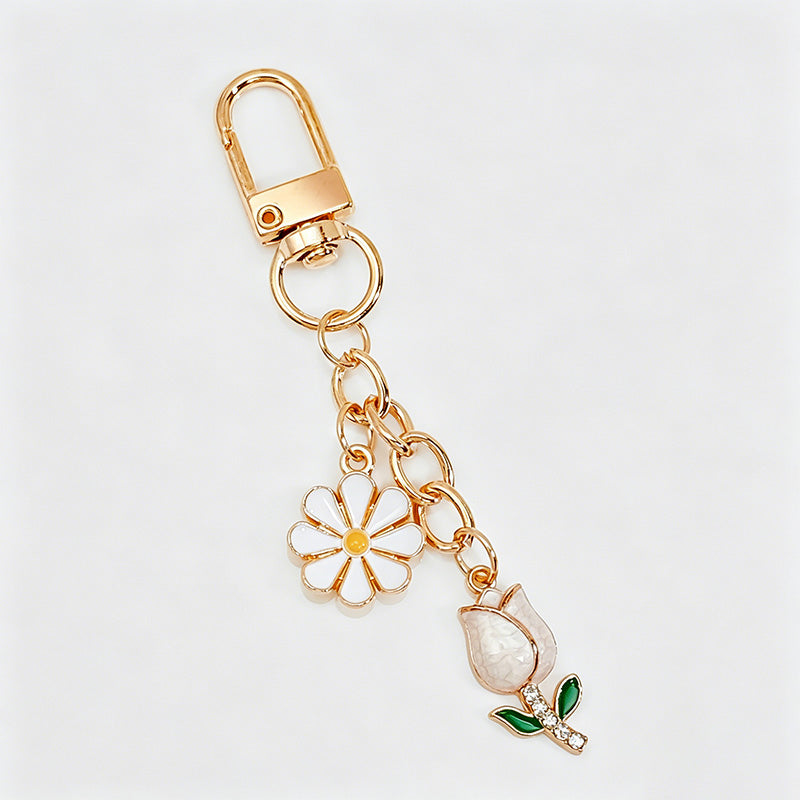 Enamel Daisy & Tulip Floral Keychain