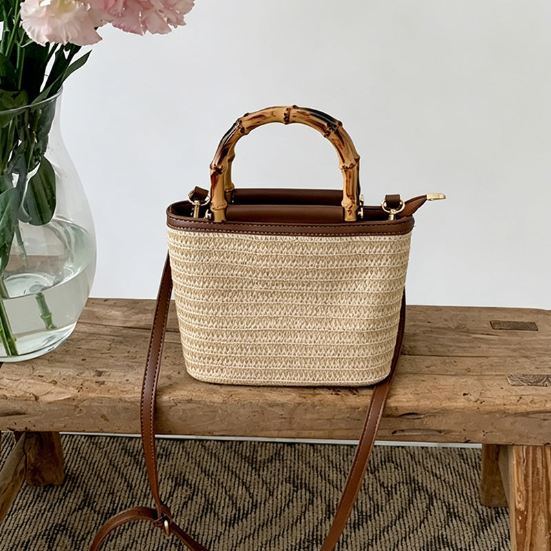 Bamboo Handle Woven Bucket Bag
