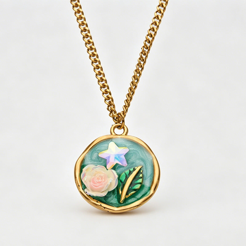 Vintage Enamel Rose Pearl Pendant Necklace