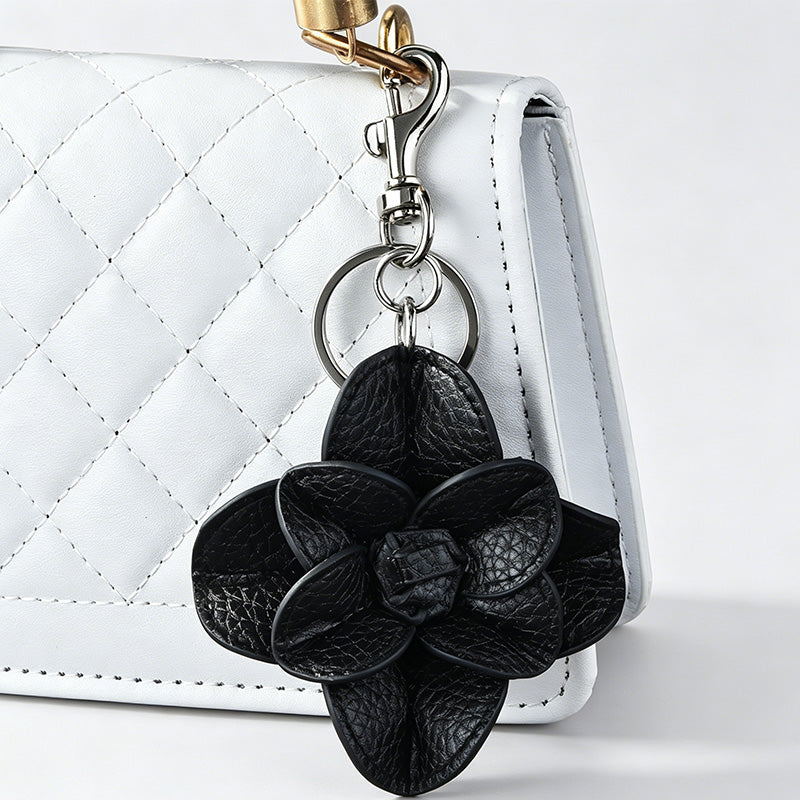 Vintage Faux Leather Camellia Flower Keychain