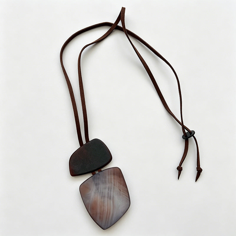 Geometric Resin Pendant Long Leather Rope Necklace