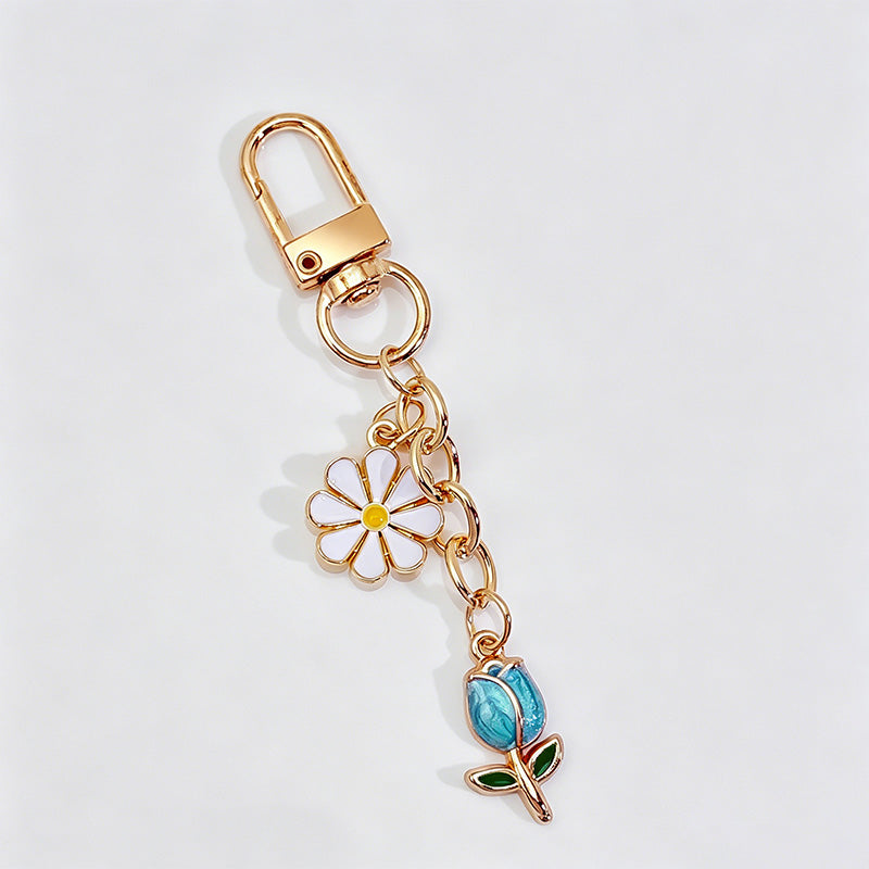 Enamel Daisy & Tulip Floral Keychain