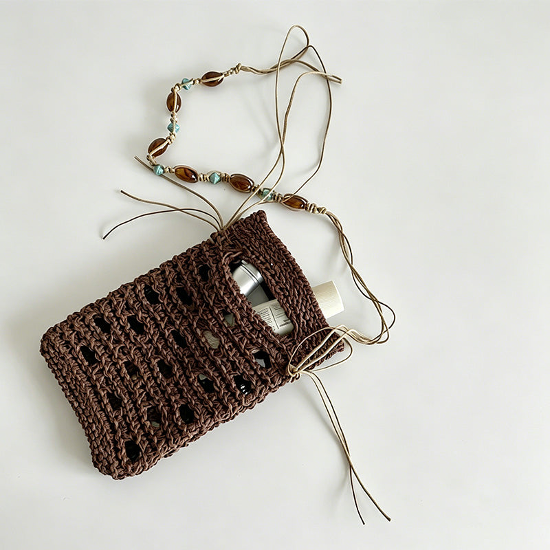 Hollow Crochet Drawstring Mini Phone Crossbody Bag