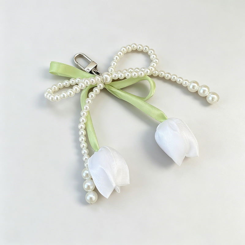 Tulip Flower Bow Pearl Bead Keychain